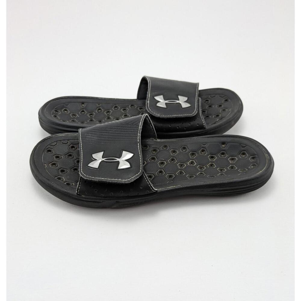 Mens Under Armour Black Silver Slip On Slides Sandals 1248165-002 Size 8